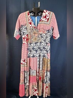 Caleooa Patchwork Boho Midi Dress Women’s Small Blue Red Floral V-Neck Lined
